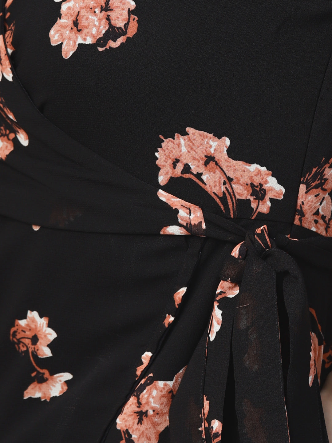 Black Floral Wrap Tie Dress