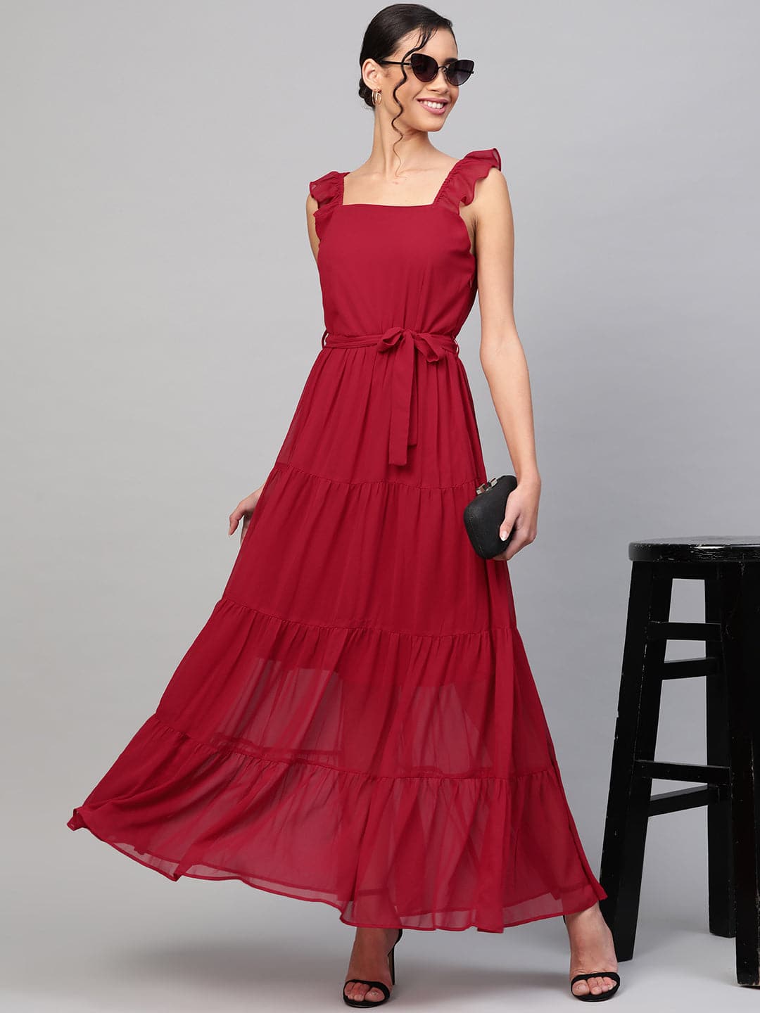 Women's Red Strappy Frill Tiered Maxi in Georgette by Sassafras for wholesale, bulk, supplier, manufacturer and wholesaler buyers from Trendphoria