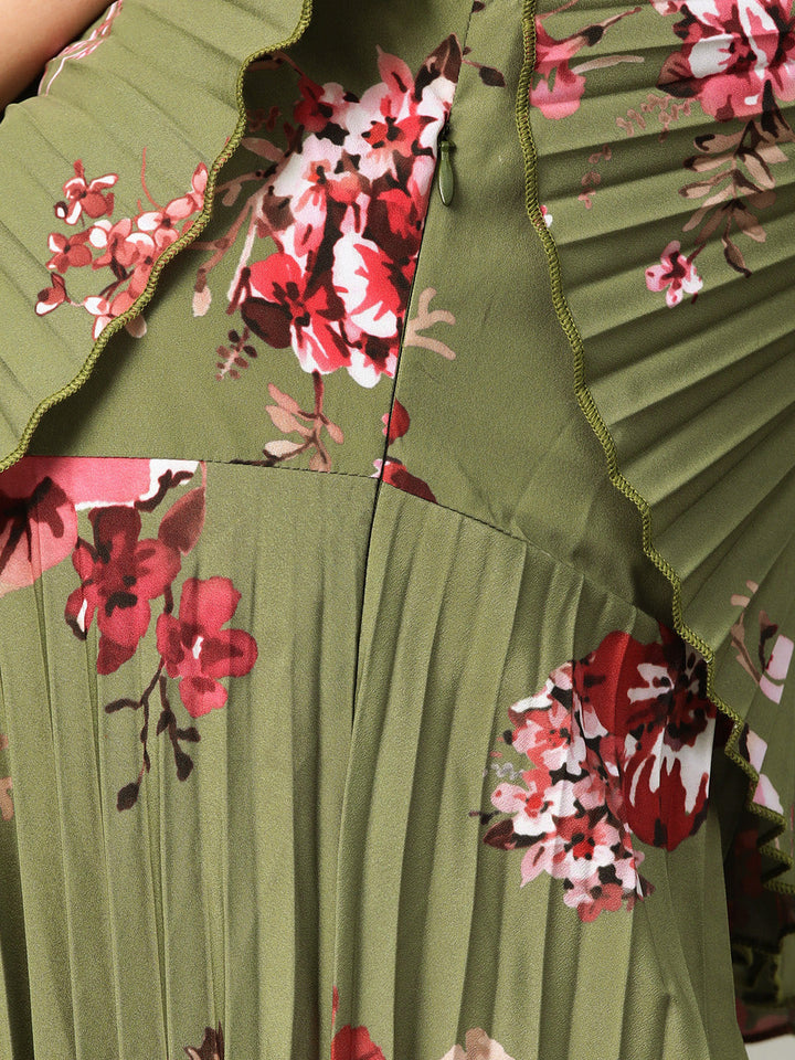Olive Floral Strappy Pleated Maxi Dress