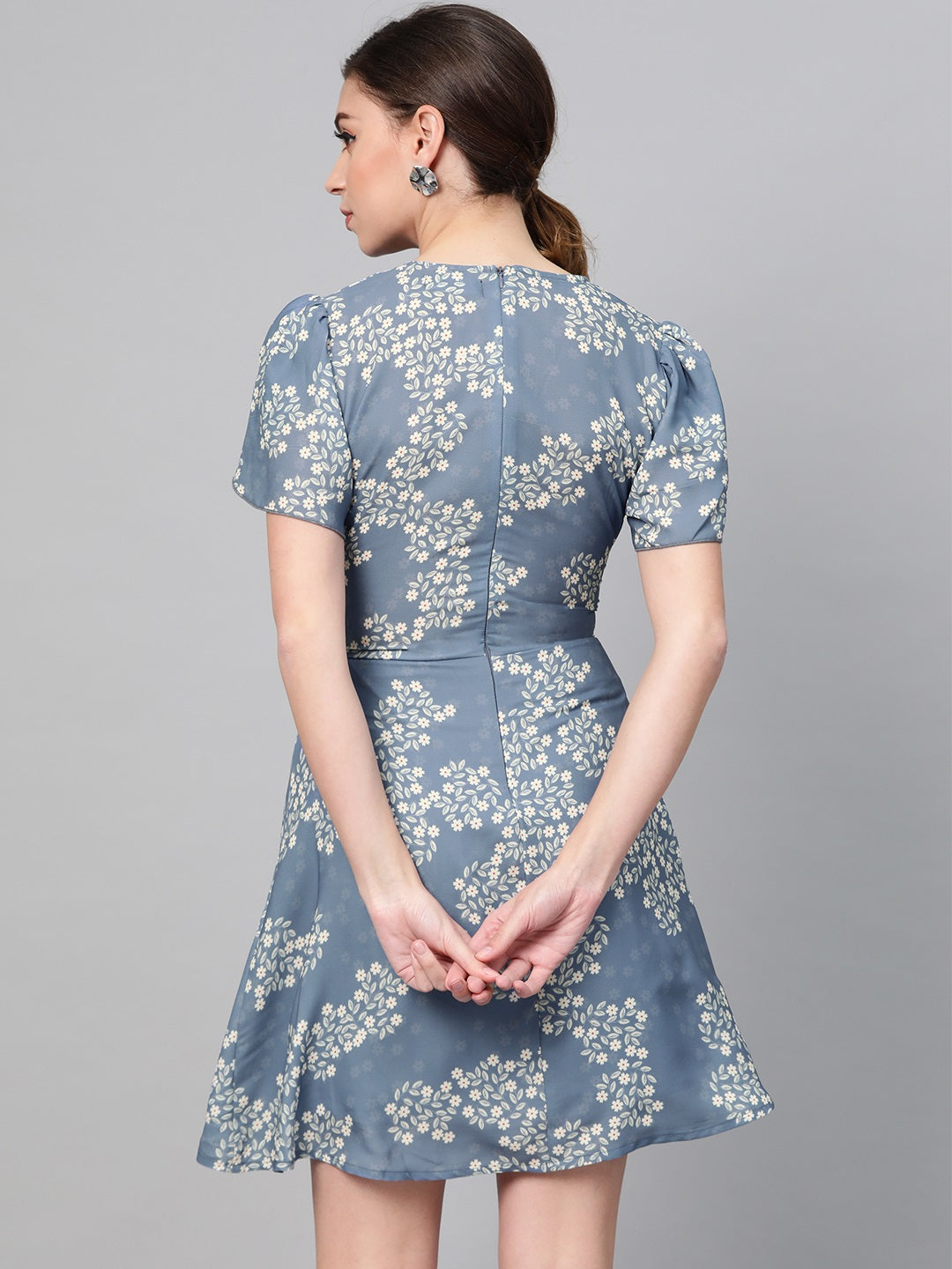 Dark Blue Floral Flared Skater Dress