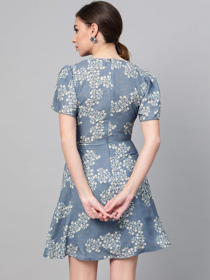 Dark Blue Floral Flared Skater Dress