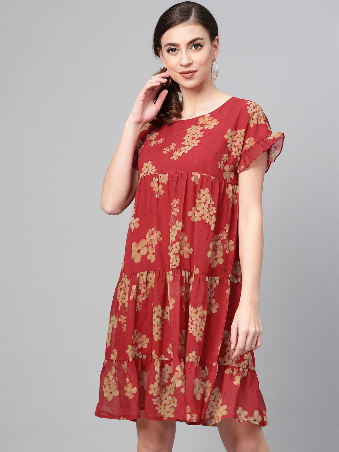 Women's Red Floral Tiered Trapeze Dress in Georgette by Sassafras for wholesale, bulk, supplier, manufacturer and wholesaler buyers from Trendphoria