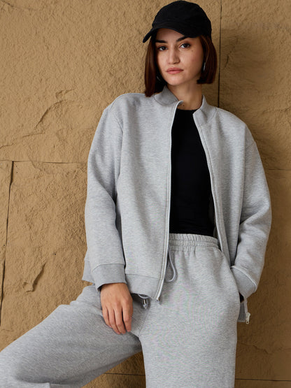 Grey Melange Fleece Zipper Jacket