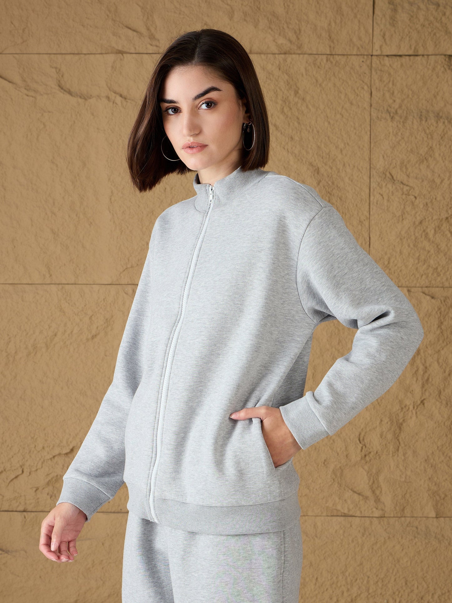 Grey Melange Fleece Zipper Jacket