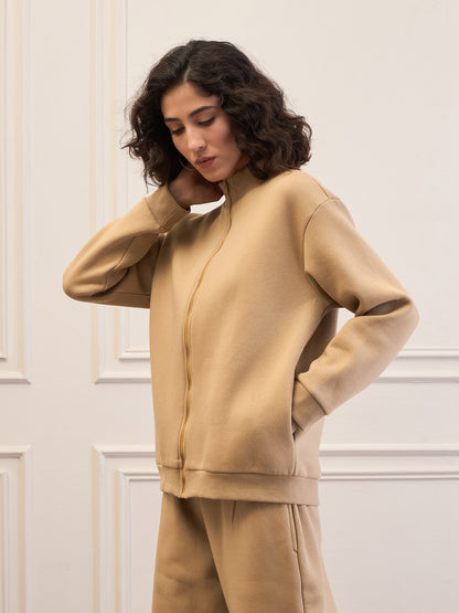 Beige Fleece Zipper Jacket