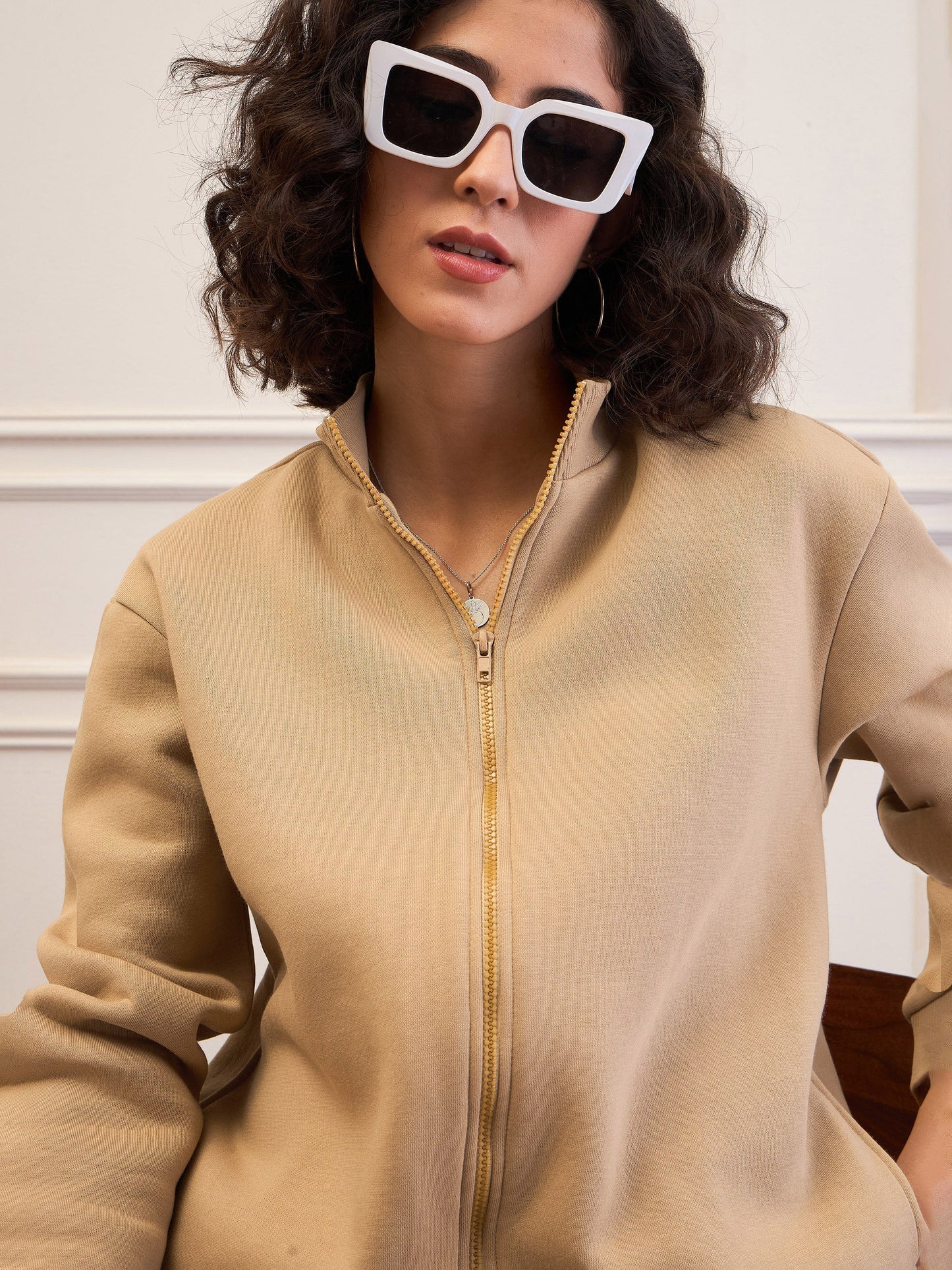 Beige Fleece Zipper Jacket