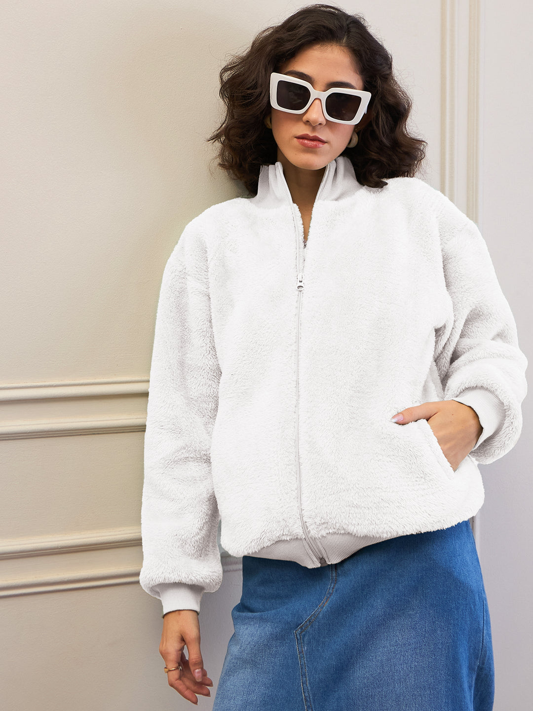 Women's Women White Fur High Neck Front Zipper Jacket in Polyester by Sassafras for wholesale, bulk, supplier, manufacturer and wholesaler buyers from Trendphoria