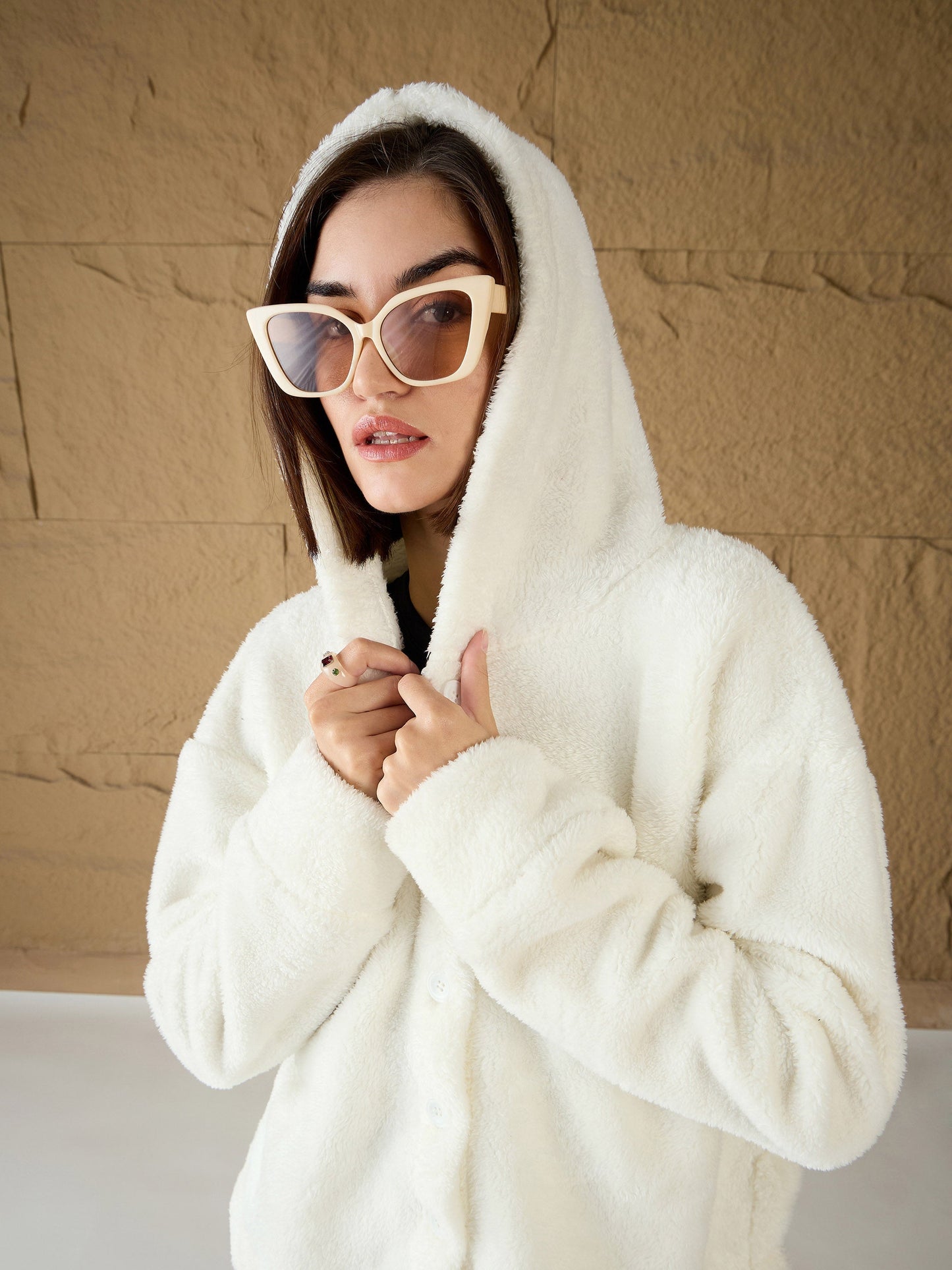 White Fur Button Placket Hooded Jacket