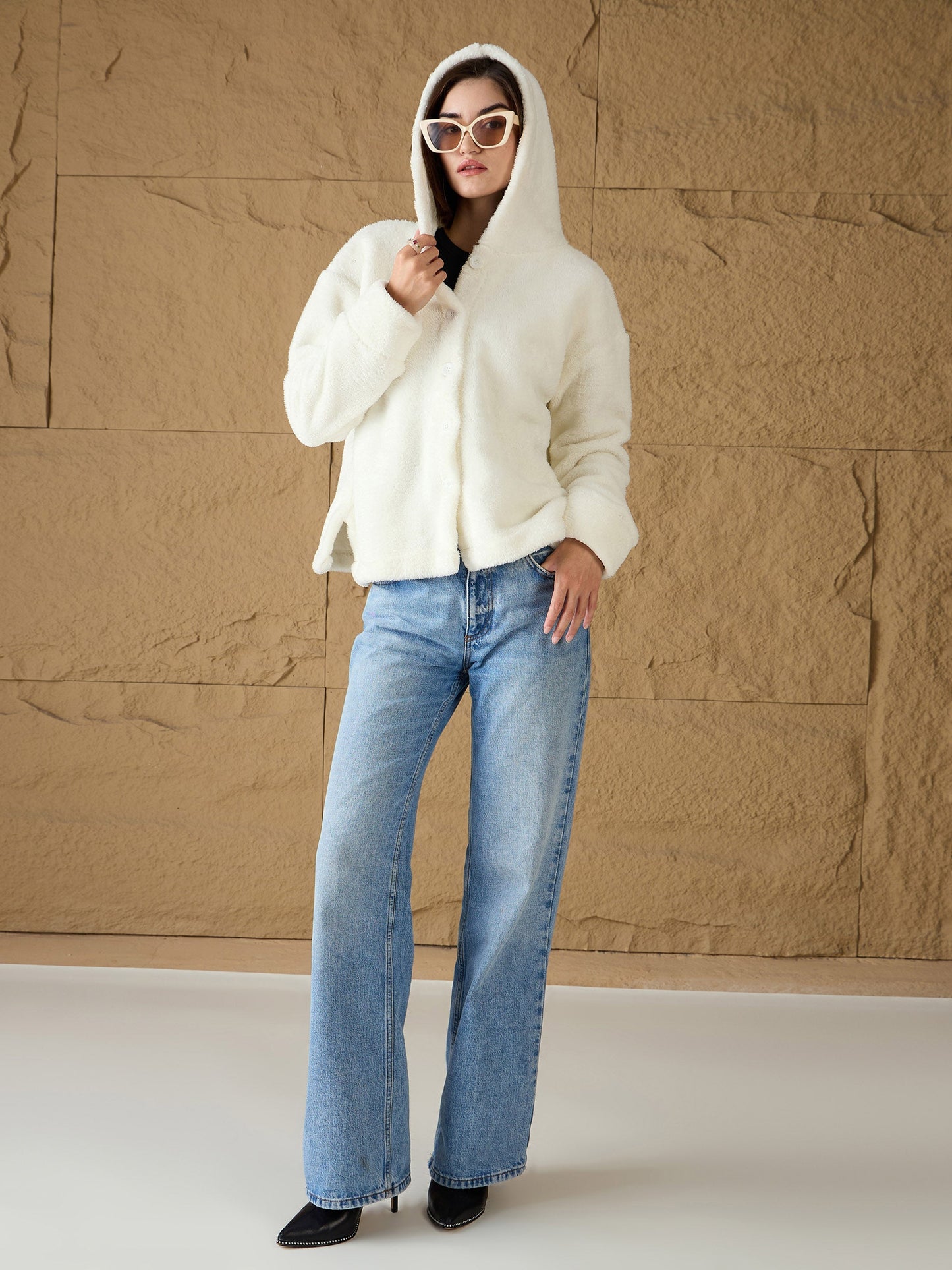 White Fur Button Placket Hooded Jacket