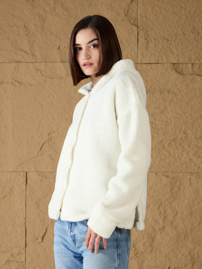 White Fur Button Placket Hooded Jacket