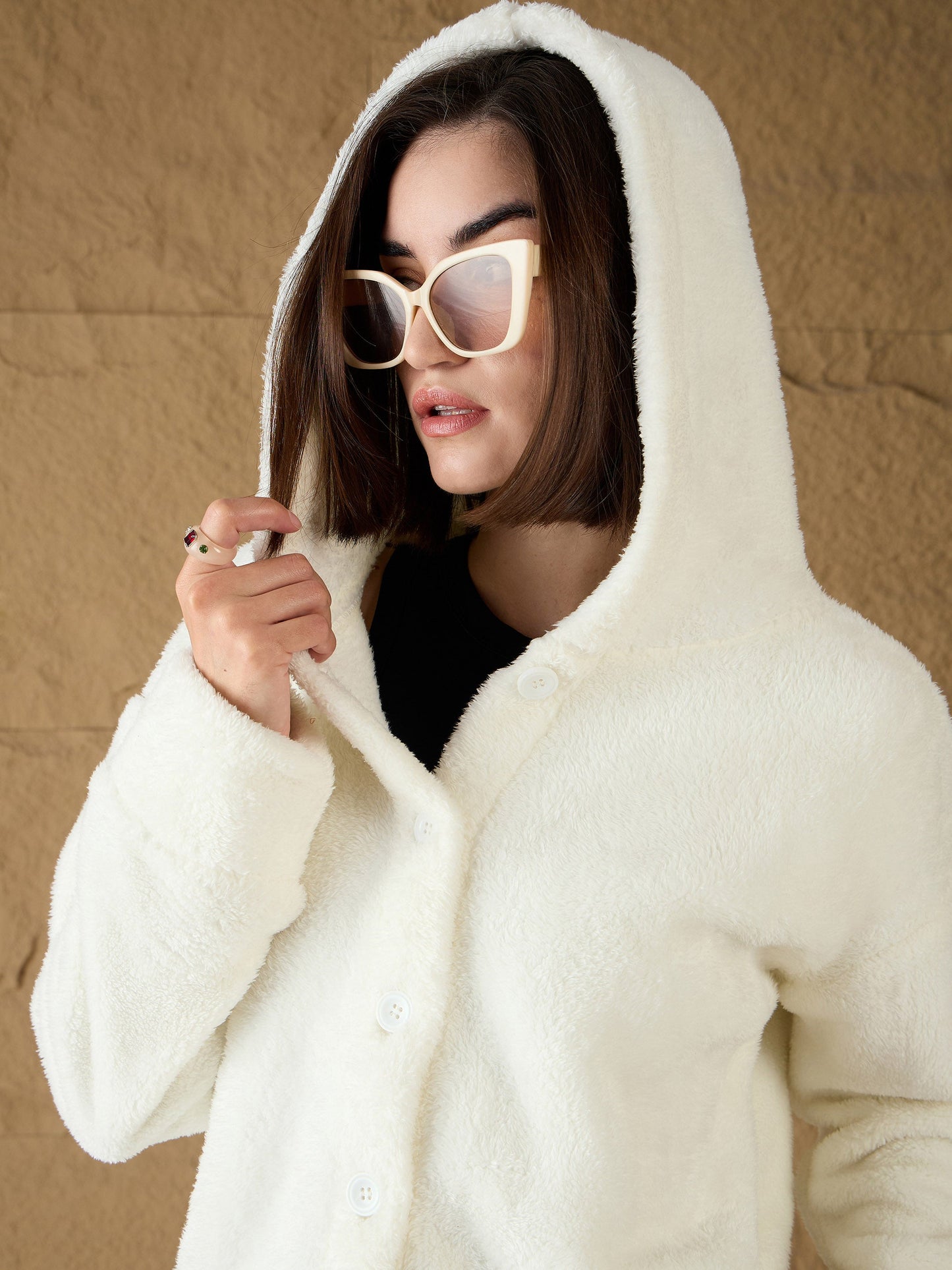 White Fur Button Placket Hooded Jacket