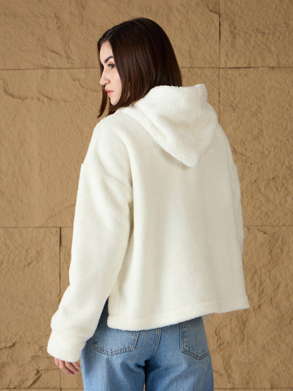 White Fur Button Placket Hooded Jacket