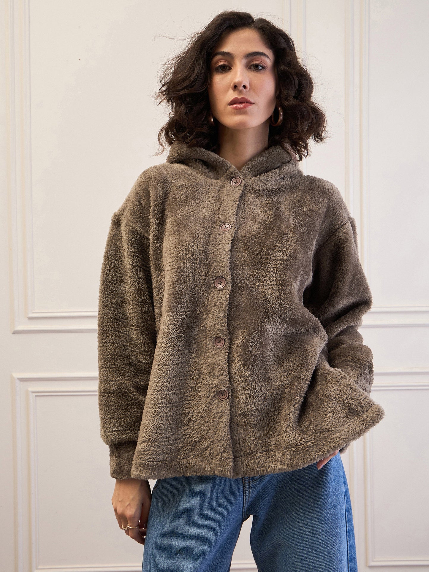 Dark Grey Fur Button Placket Hooded Jacket