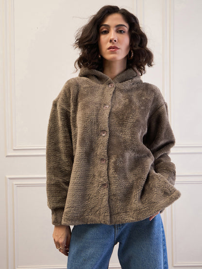 Dark Grey Fur Button Placket Hooded Jacket