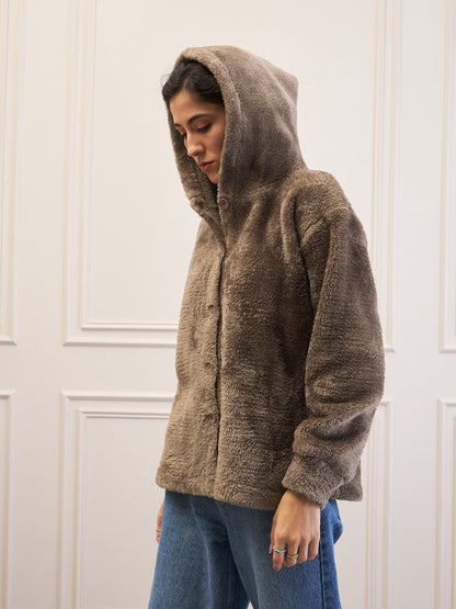 Dark Grey Fur Button Placket Hooded Jacket