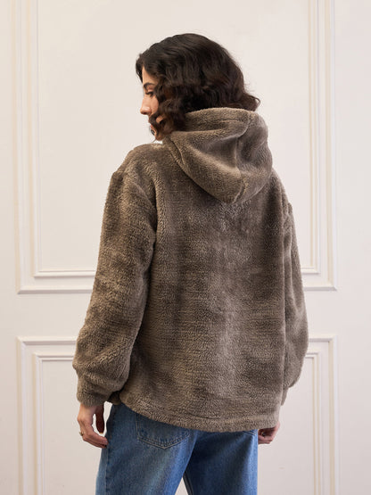 Dark Grey Fur Button Placket Hooded Jacket