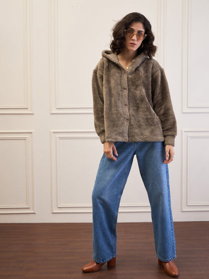 Dark Grey Fur Button Placket Hooded Jacket