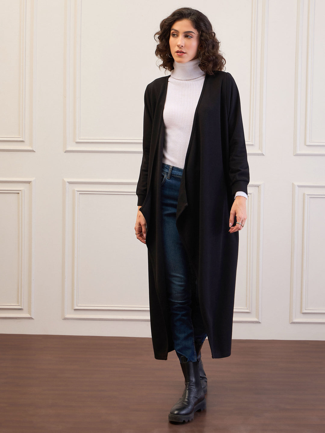 Women Black Front Open Long Shrug