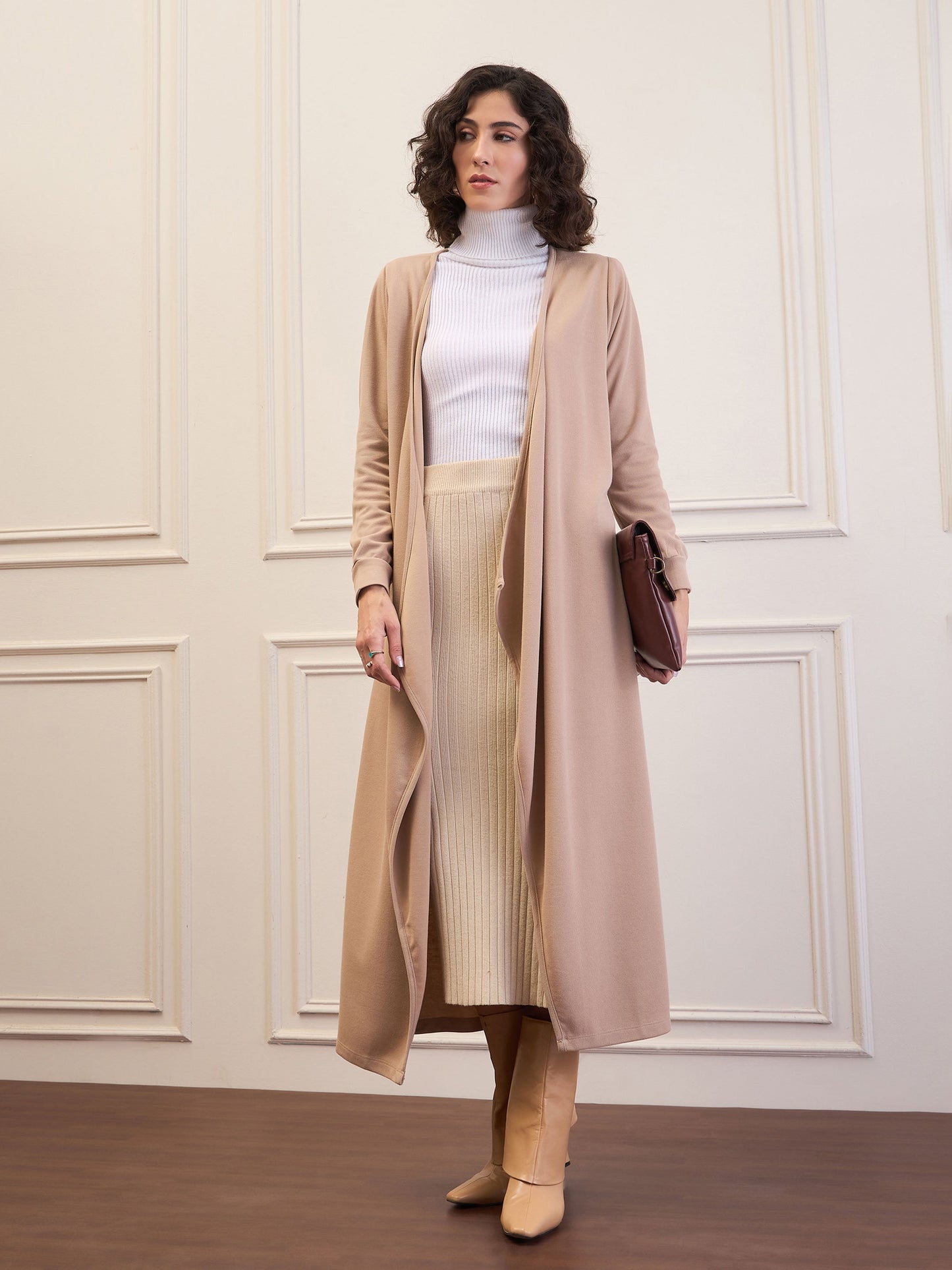 Women Beige Front Open Long Shrug