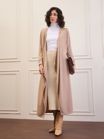 Women Beige Front Open Long Shrug