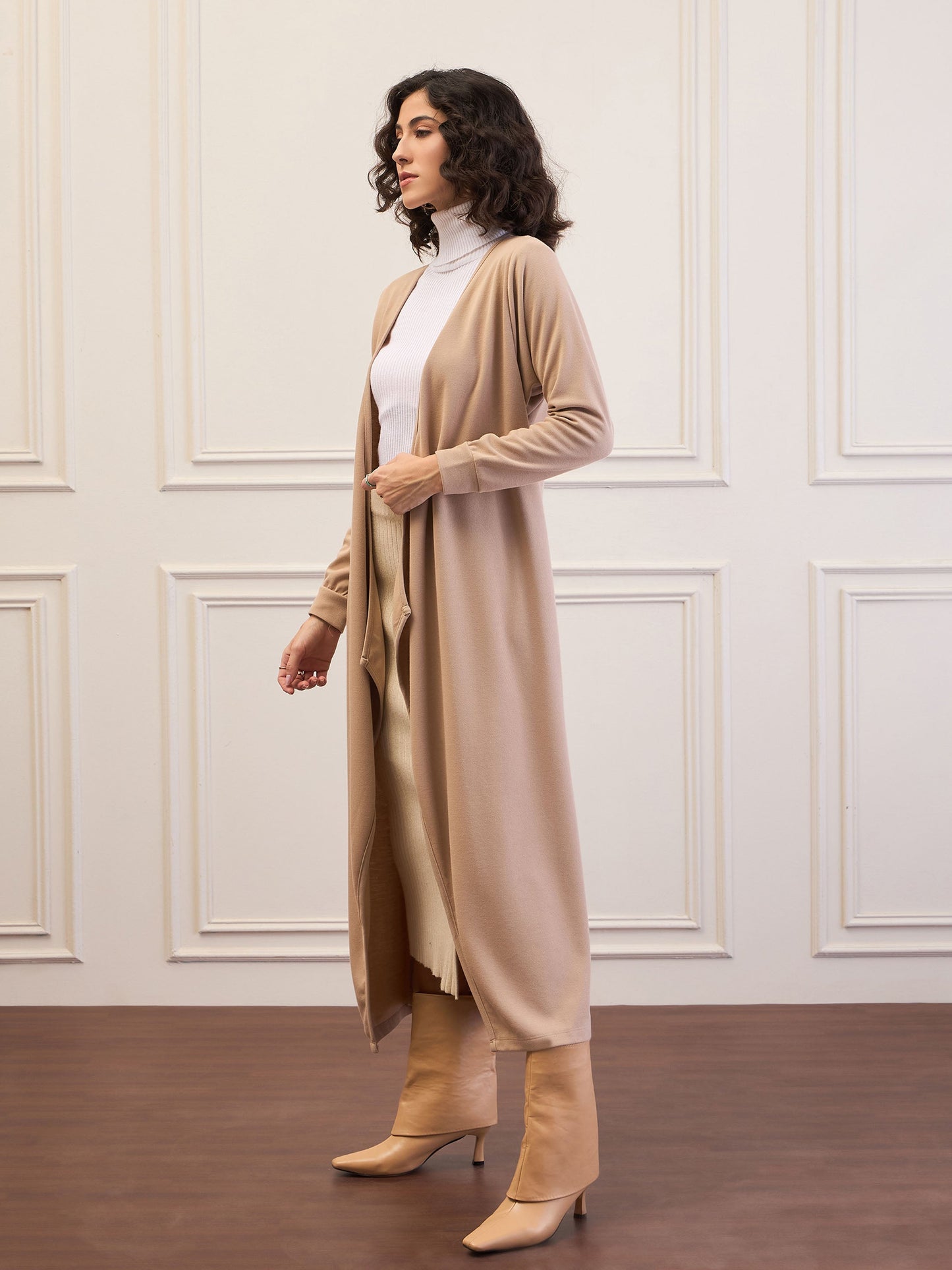 Women Beige Front Open Long Shrug