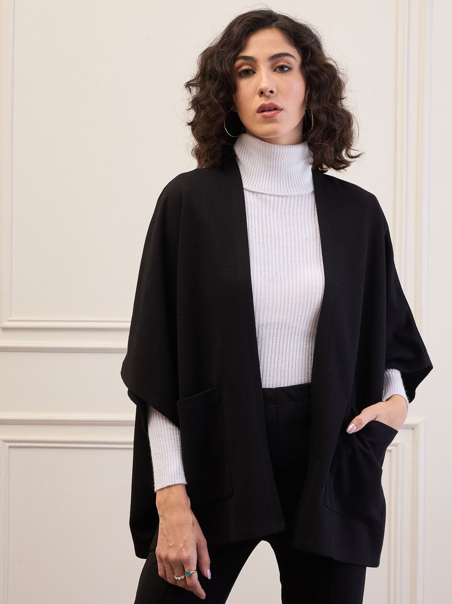 Women's Women Black Front Open Kimono Shrug in Cotton by Sassafras for wholesale, bulk, supplier, manufacturer and wholesaler buyers from Trendphoria