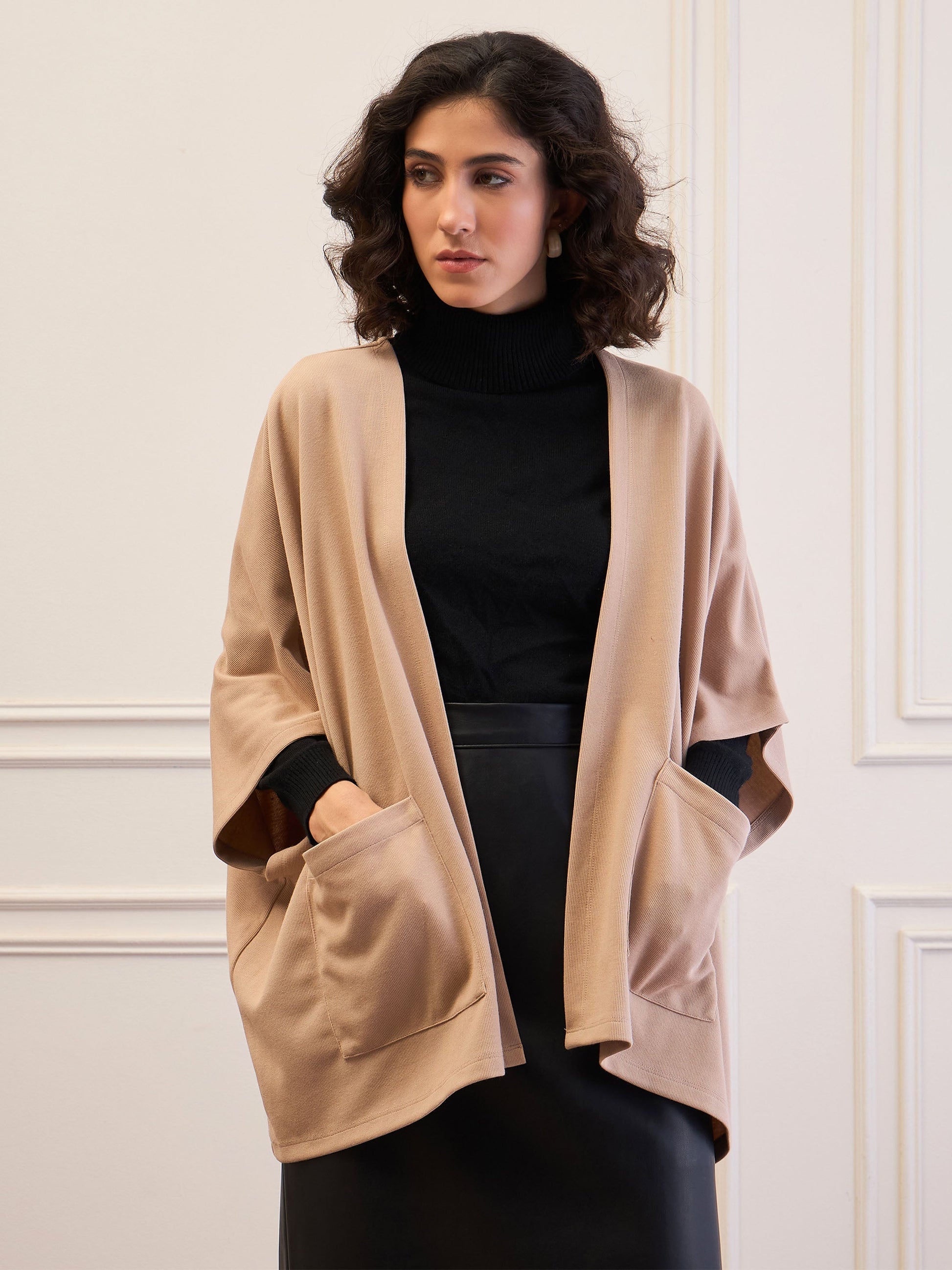 Women's Women Beige Front Open Kimono Shrug in Cotton by Sassafras for wholesale, bulk, supplier, manufacturer and wholesaler buyers from Trendphoria