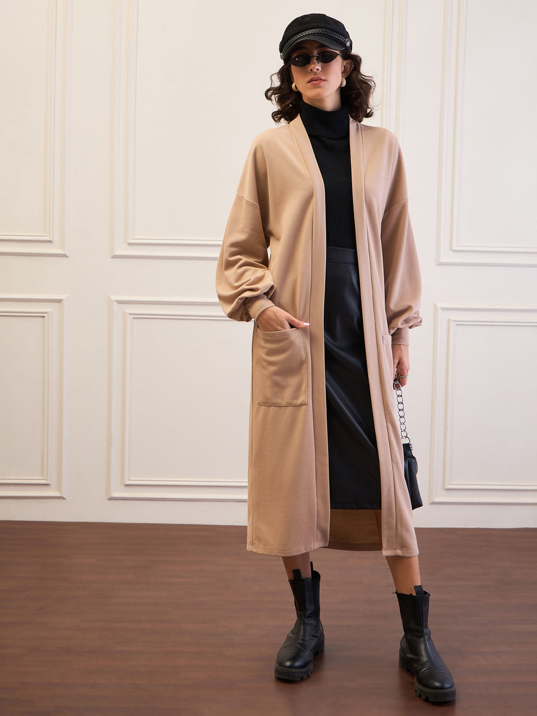 Women Beige Front Open Balloon Sleeve Shrug