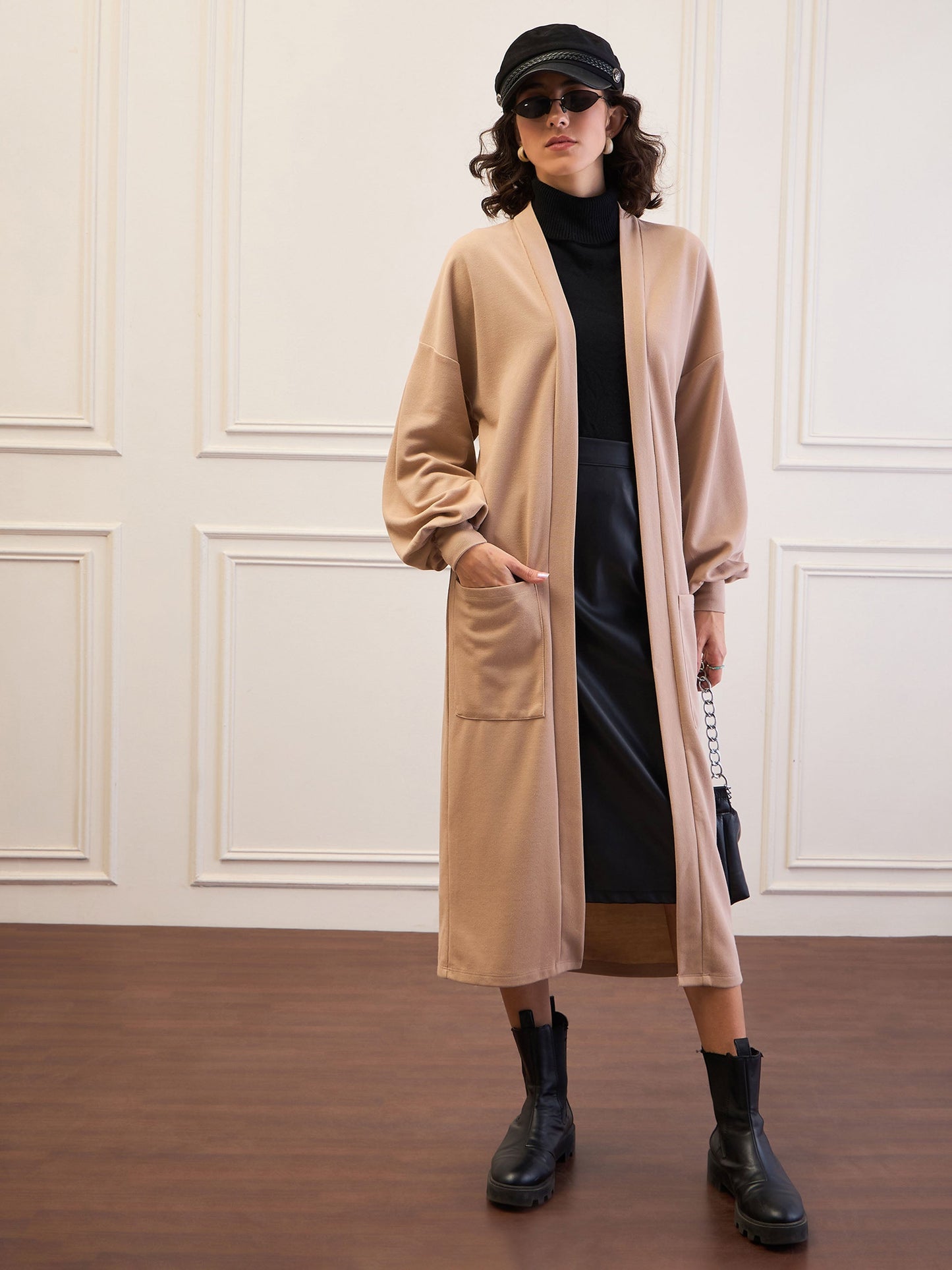 Women Beige Front Open Balloon Sleeve Shrug