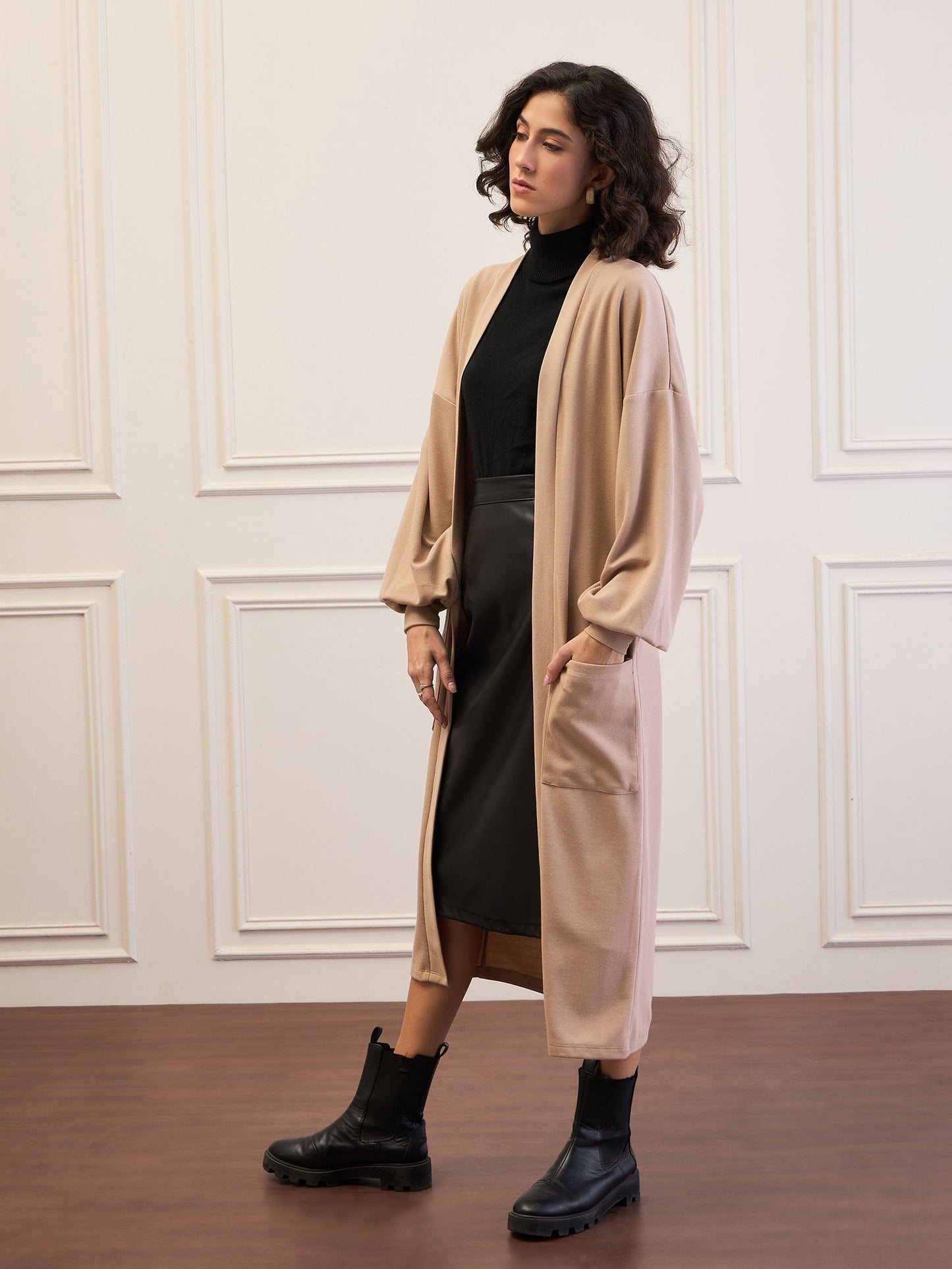 Women Beige Front Open Balloon Sleeve Shrug