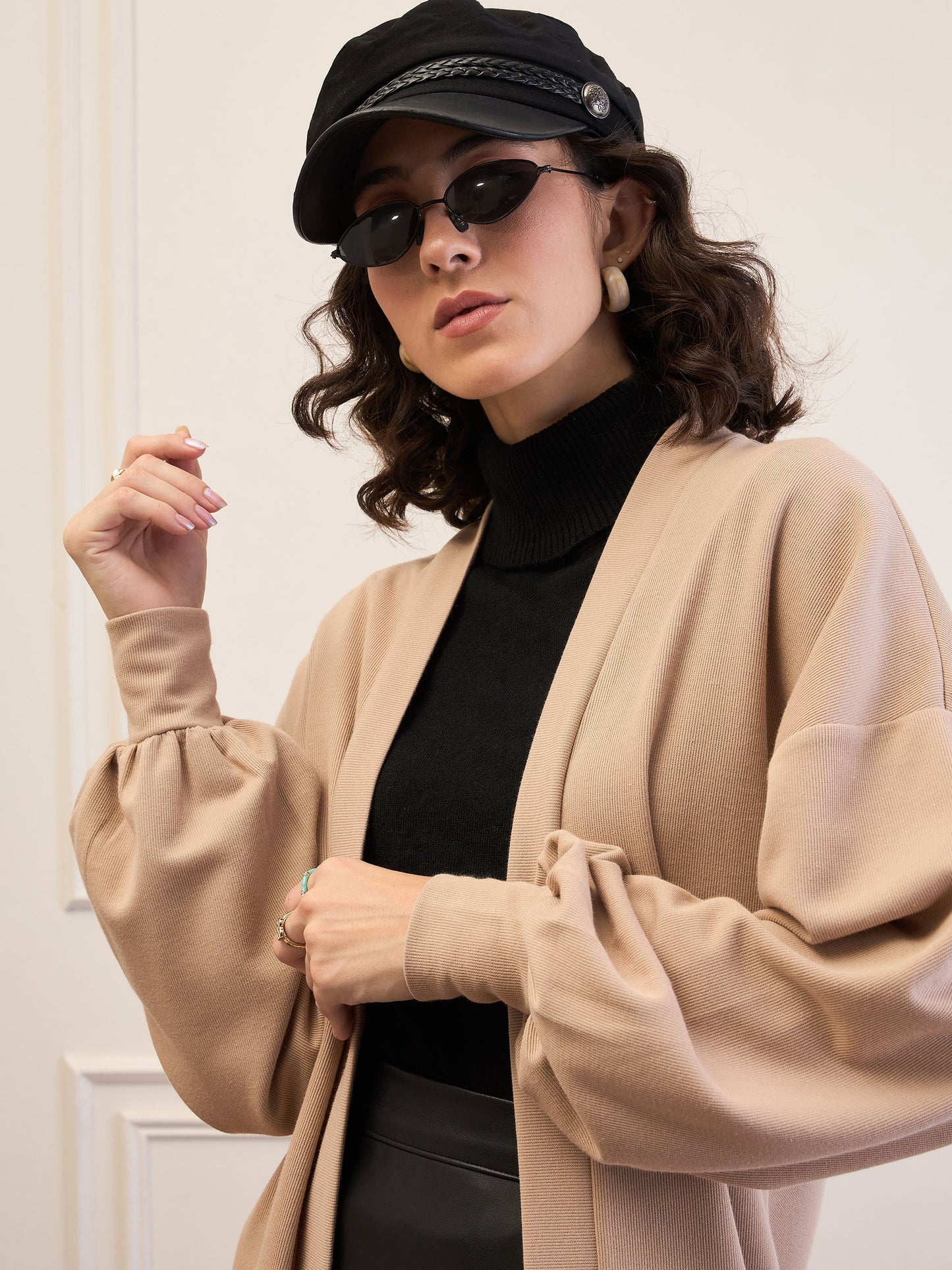 Women Beige Front Open Balloon Sleeve Shrug