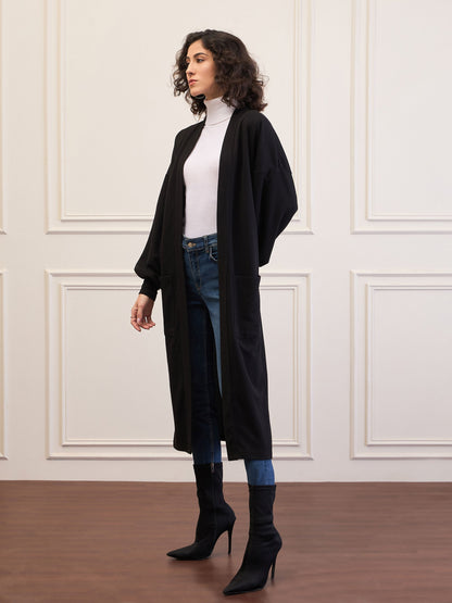 Women Black Front Open Balloon Sleeve Shrug