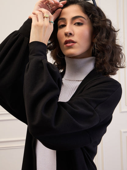 Women Black Front Open Balloon Sleeve Shrug