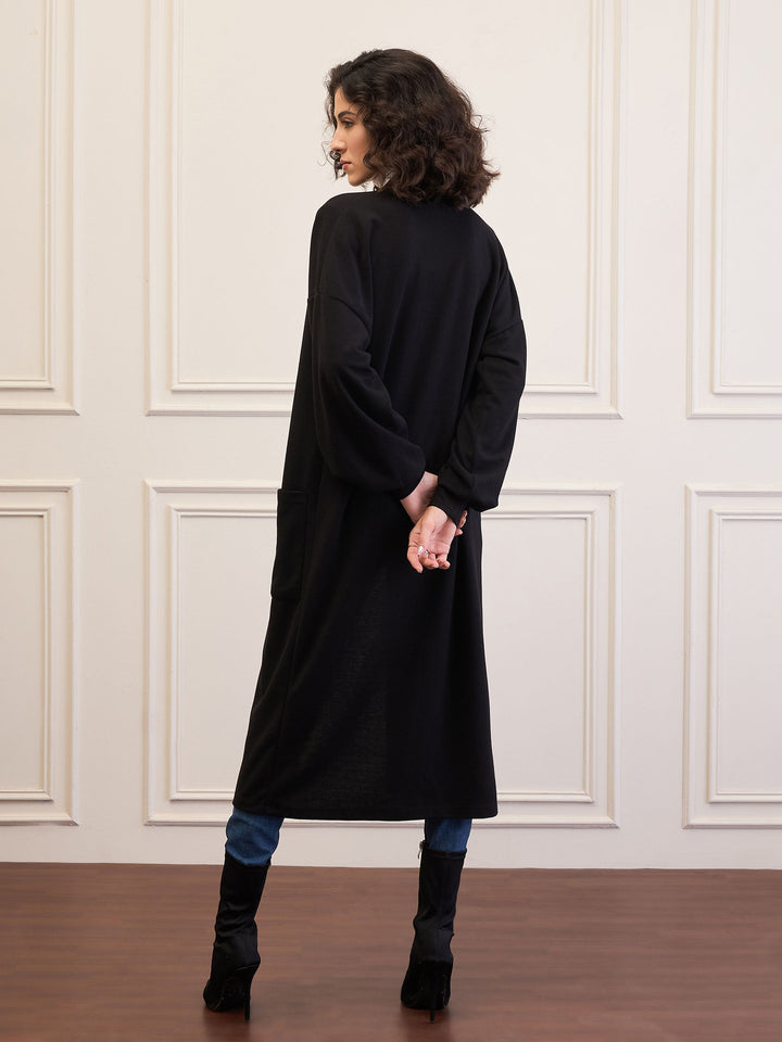 Women Black Front Open Balloon Sleeve Shrug
