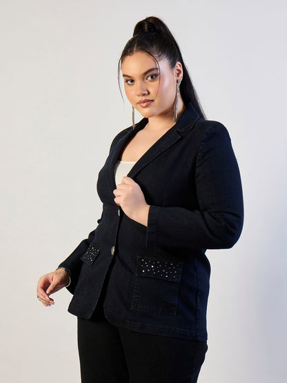 Jet Black Denim Front Button Blazer