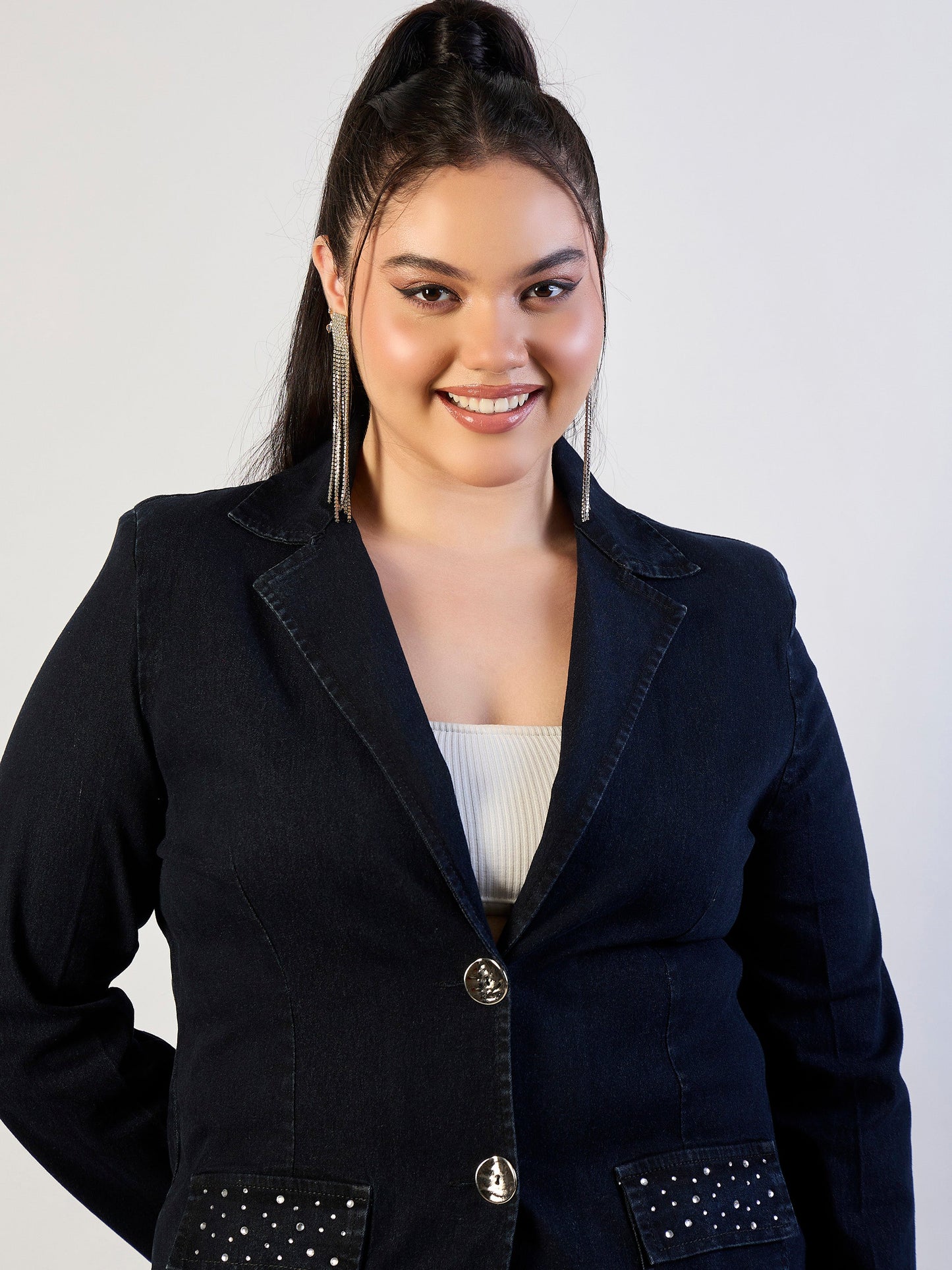Jet Black Denim Front Button Blazer