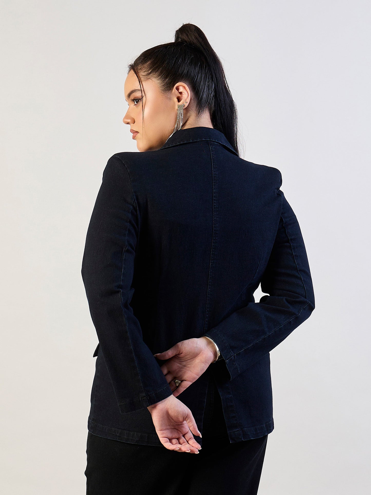 Jet Black Denim Front Button Blazer