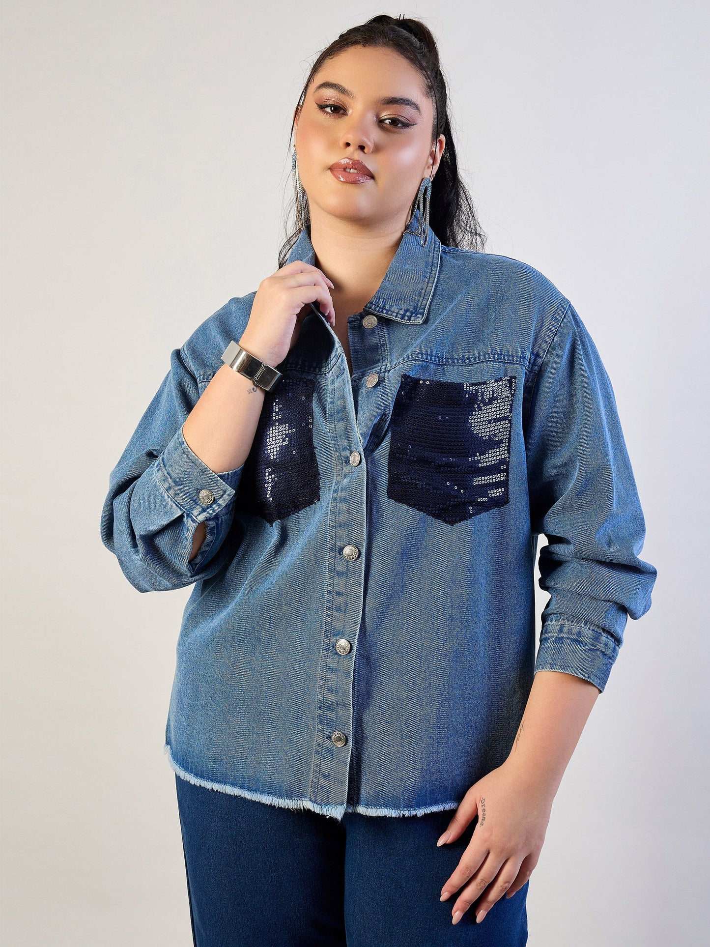 Blue Blast Sequins Patch Pocket Denim Jacket