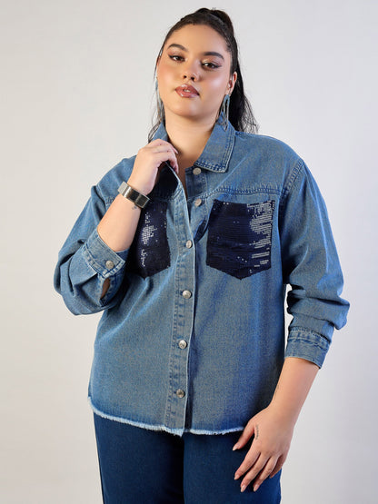Blue Blast Sequins Patch Pocket Denim Jacket