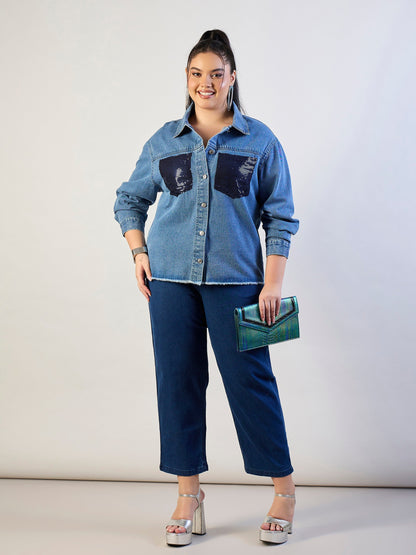 Blue Blast Sequins Patch Pocket Denim Jacket