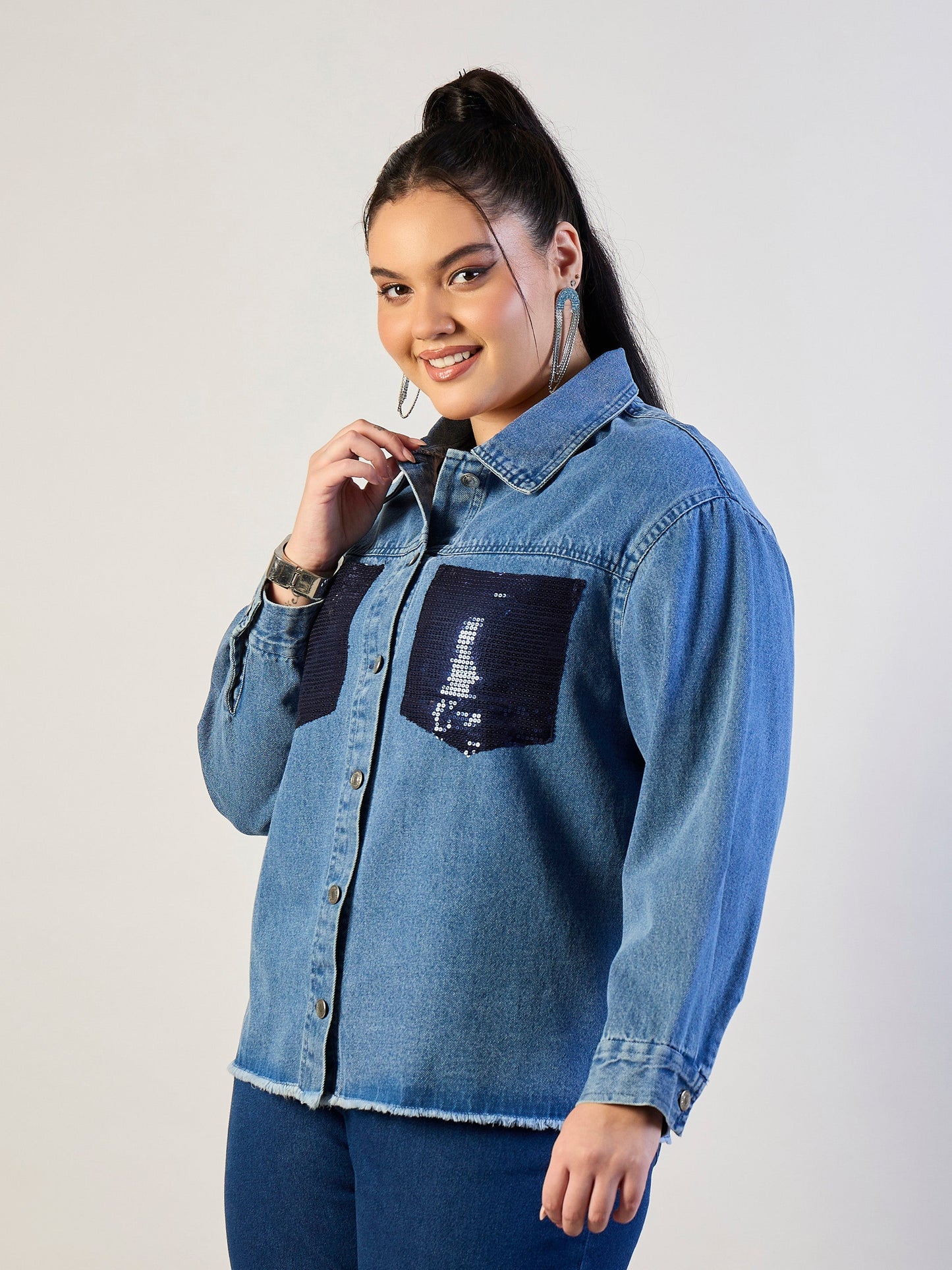 Blue Blast Sequins Patch Pocket Denim Jacket