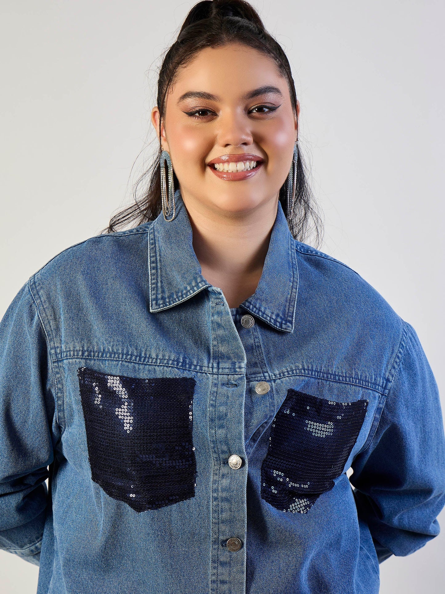 Blue Blast Sequins Patch Pocket Denim Jacket