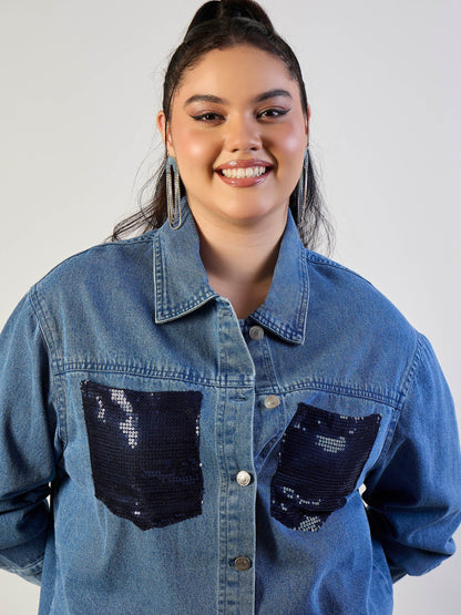 Blue Blast Sequins Patch Pocket Denim Jacket