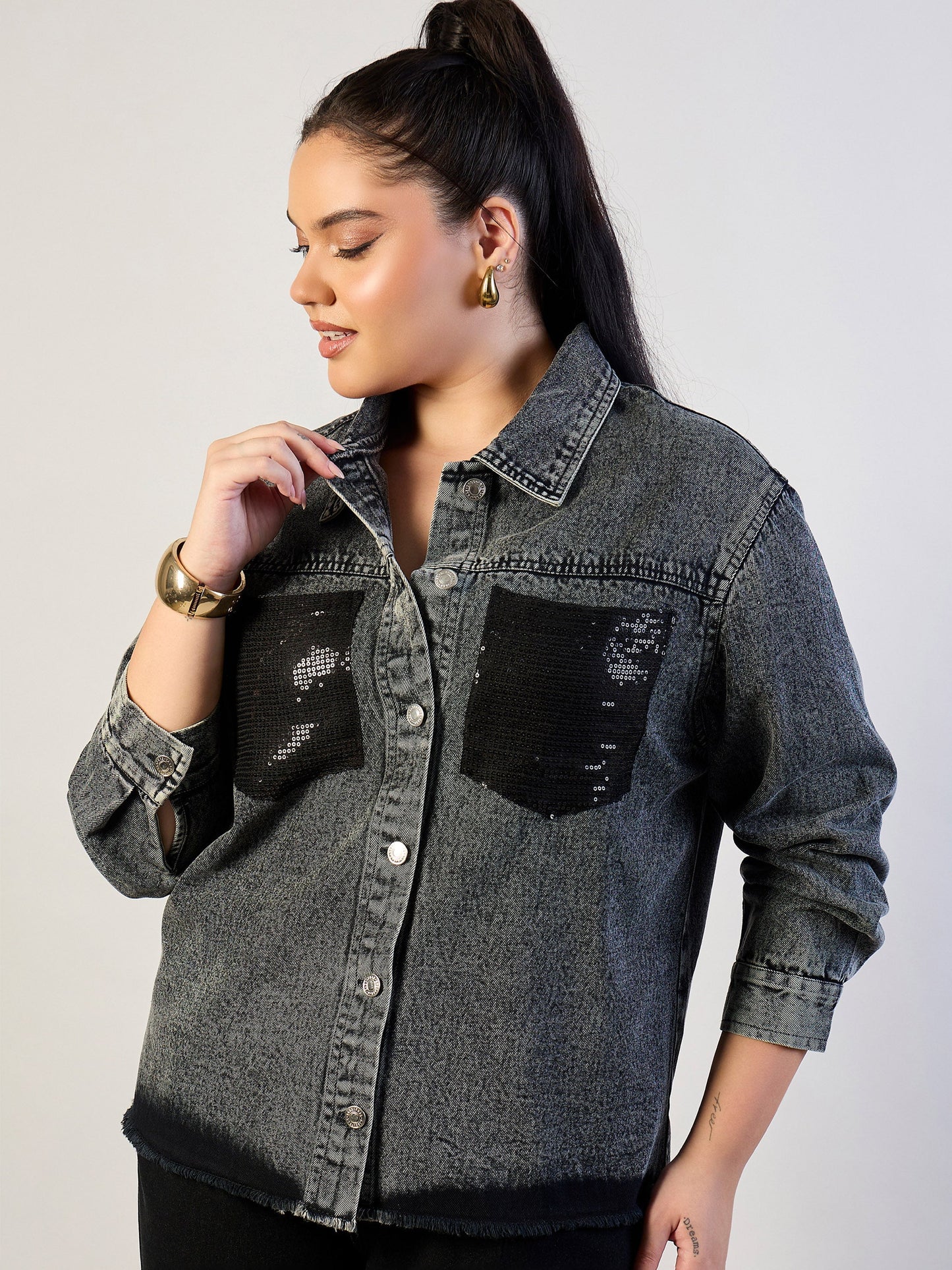 Black Blast Sequins Patch Pocket Denim Jacket