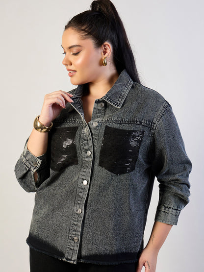 Black Blast Sequins Patch Pocket Denim Jacket
