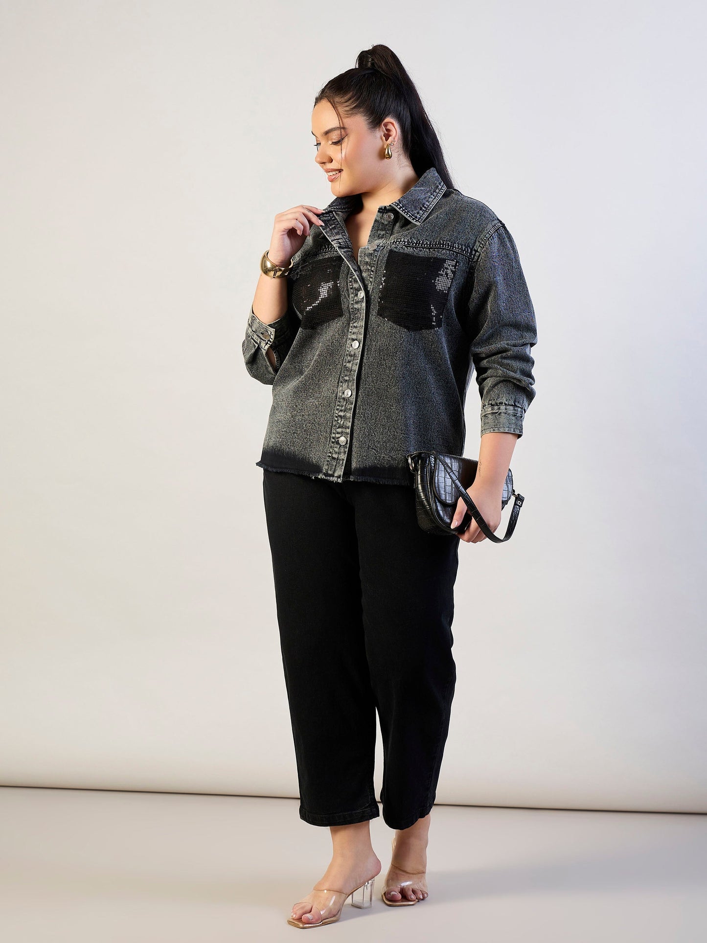 Black Blast Sequins Patch Pocket Denim Jacket