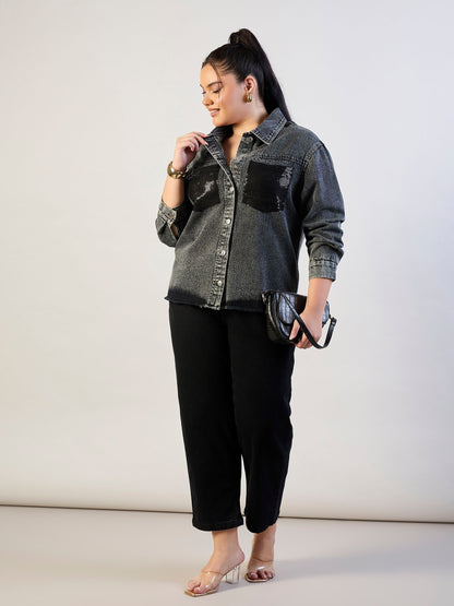 Black Blast Sequins Patch Pocket Denim Jacket