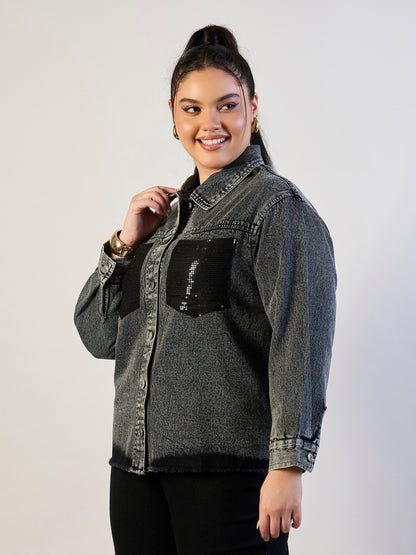 Black Blast Sequins Patch Pocket Denim Jacket