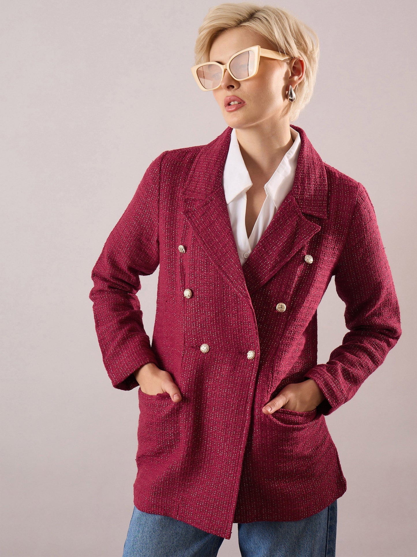 Women Maroon Tweed Double-Breasted Blazer