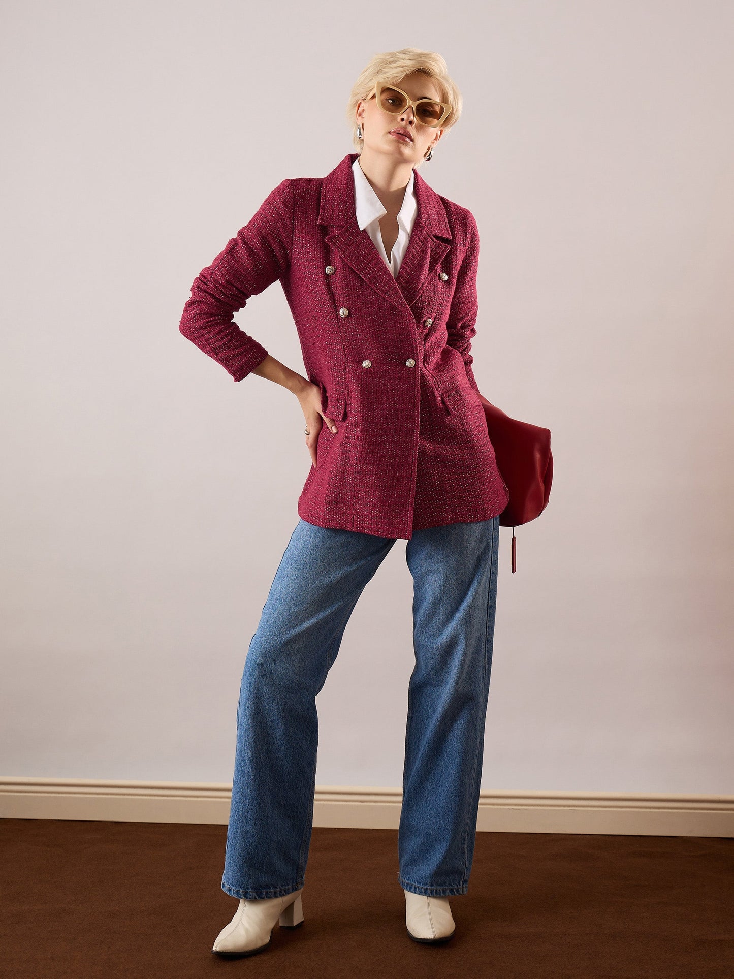 Women Maroon Tweed Double-Breasted Blazer